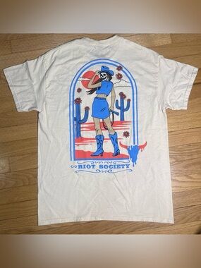 riot society men’s White Tee with cowgirl, Blue Bull Skull & Coral Horns